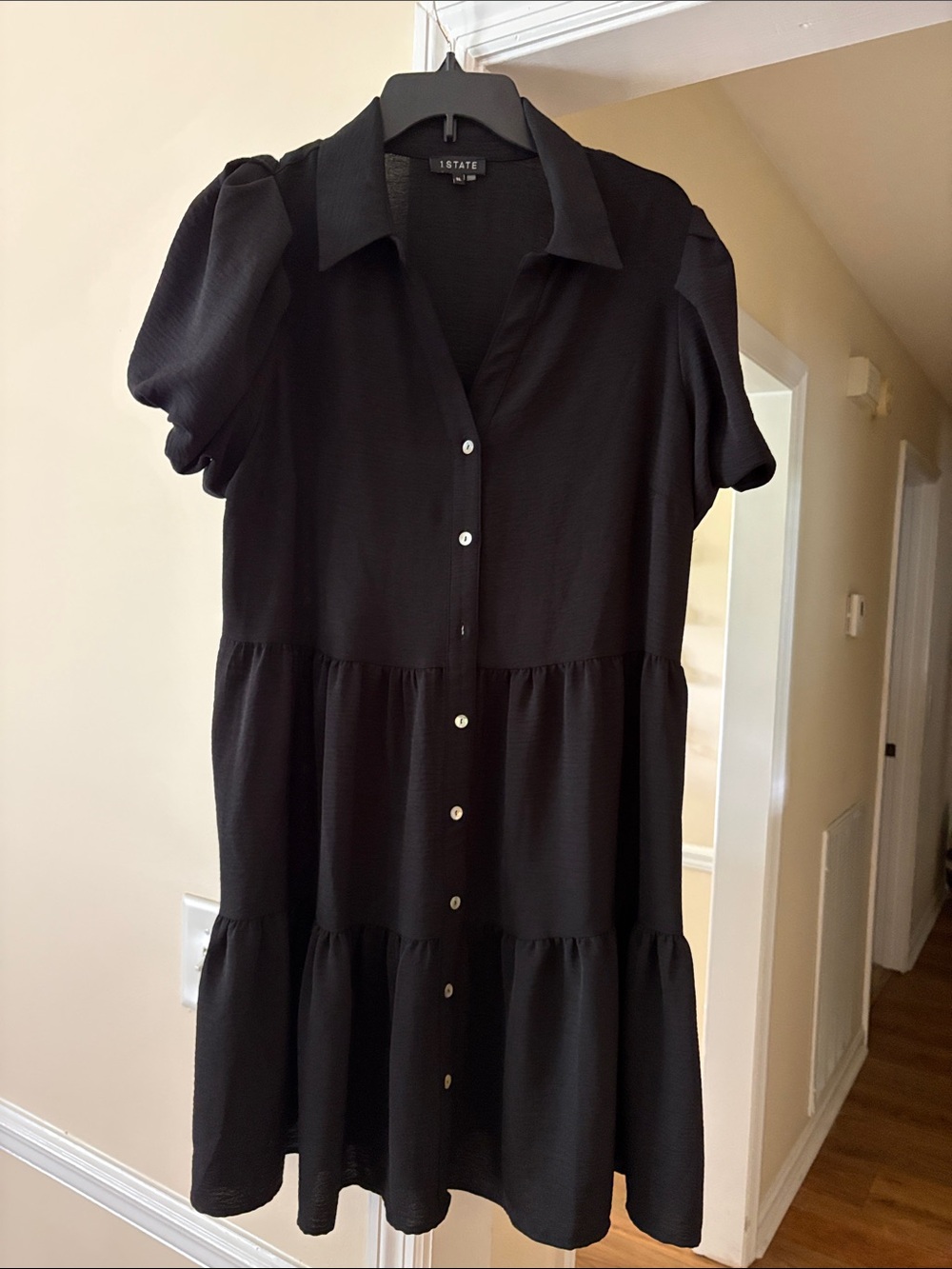STATE Black Button-Front Tiered Shirt Dress